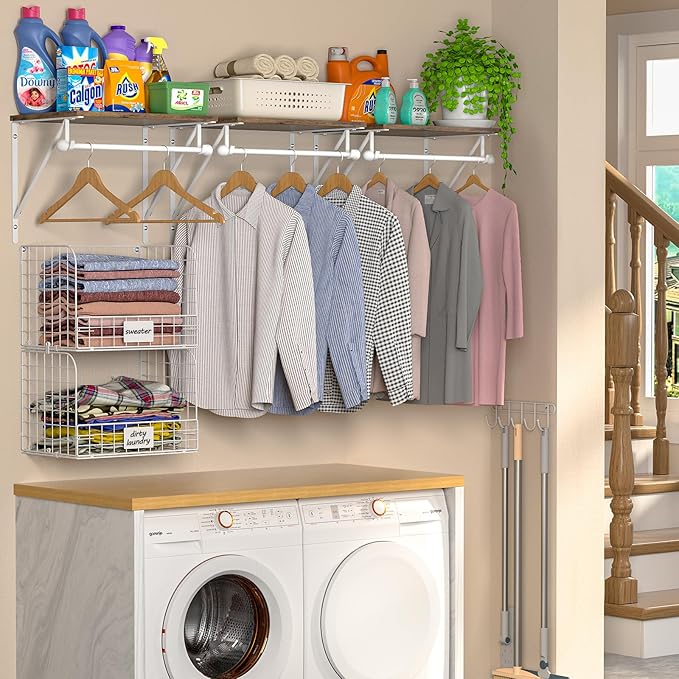 DAOUTIME 2 Set Laundry Room Wall Mounted Shelves With Wire Storage Baskets, Over Washer and Dryer With Hanging Rods and Hooks