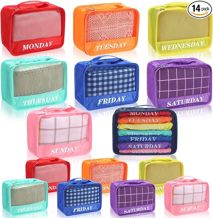 Days of Week Packing Cubes Weekly Organizer Travel Storage Bag School Clothes for Kids Summer Camp Family(9x7x3inch,Rainbow,1