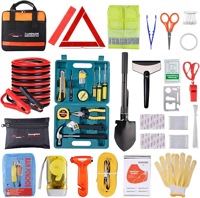 Vetoos Car Roadside Emergency Kit with Jumper Cables, Auto Vehicle Safety Road Side Assistance Kits, Winter Car Kit Essential
