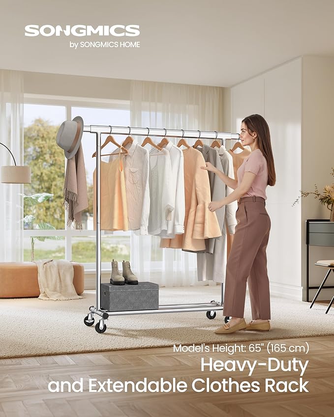 SONGMICS Clothes Rack with Wheels, Heavy-Duty Clothing Rack for Hanging Clothes, Portable, 17.7 x (36.2-52) x 63.6 Inches, wi