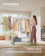SONGMICS Clothes Rack with Wheels, Heavy-Duty Clothing Rack for Hanging Clothes, Portable, 17.7 x (36.2-52) x 63.6 Inches, wi