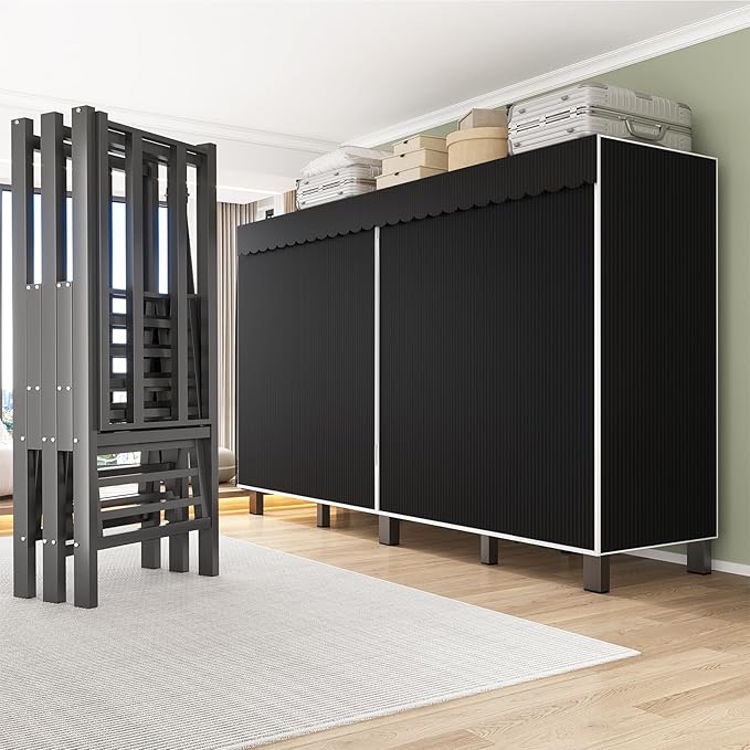 59in Heavy Duty Clothes Rack with Black Cover Foldable Covered Clothes Rack for Hanging Clothes portable Wardrobe Closet Syst