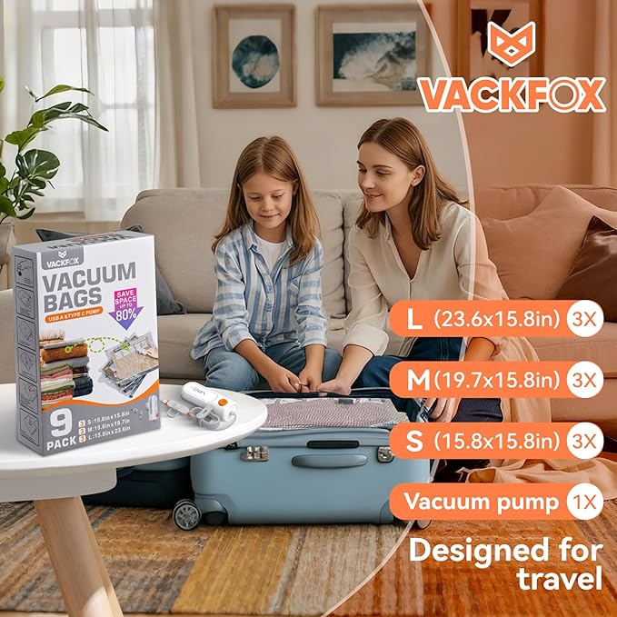 Travel Vacuum Bags with USB & TYPE C Pump, 9 Pack Carry-On Vacuum Storage Bags for Luggage & Suitcase, Vacuum Luggage Bags, S