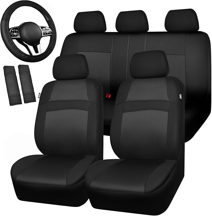 CAR PASS Universal 13PCS 3D Air Mesh Car Seat Covers -100% Breathable Seat Covers Full Sets Steering Wheel and Belt Cover Airbag and Rear Split Bench Compatible for Automotive SUV Truck (Pure Black)