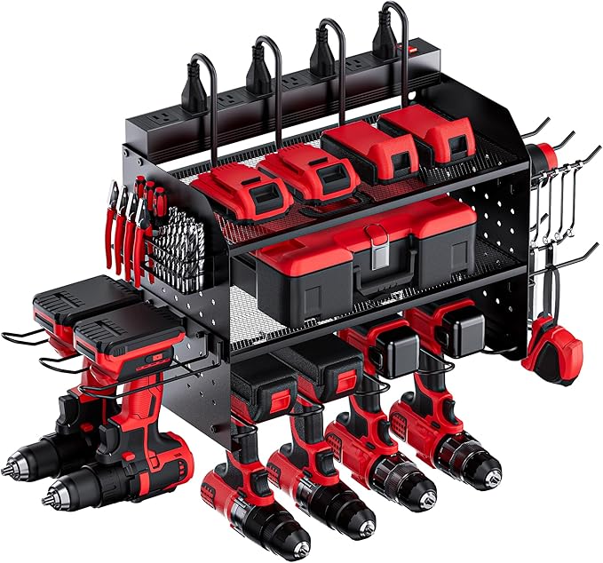 TRZZ Power Tool Organizer Wall Mount, 3-Layer Charging Station with 8 Outlets, 6 Drill Holders and Drill Bit Rack, Efficient 
