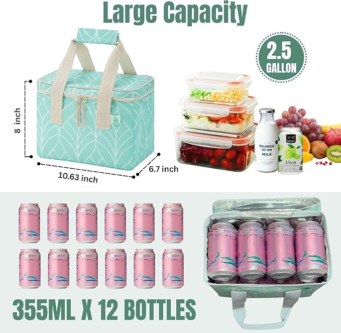 VENO 2 Pack Insulated Lunch Bag Cooler Lunch Box Reusable Grocery Shopping Tote Bag, Durable Handles, Double Zippers, Lid, Collapsible (Evergreen, 2 Pack)