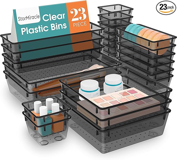 StorMiracle 23 PCS Drawer Organizer Set, 5 Varied Size Bathroom and kitchen Drawer cabinet organizer Trays, Clear Storage Bin