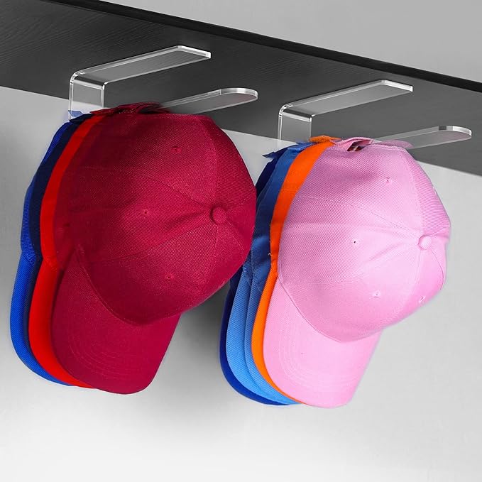 2 Packs Hat Hangers for Wall - Hat Hook Acrylic Baseball Hat Rack Adhesive Baseball Cap Organizer Hat Holder for Wall Closet 