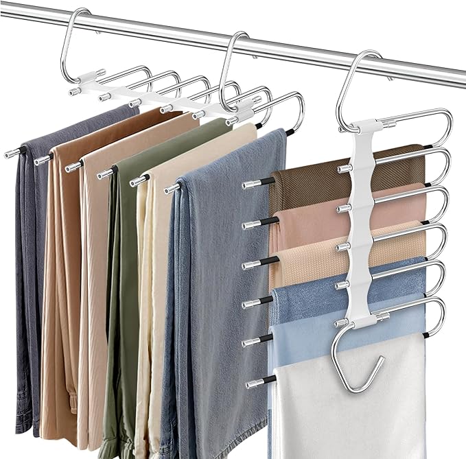 Upgrade 6 Layers Pants Hangers Space Saving, 2Pack Stainless Steel Multifunctional Rack Non Slip S-Type Clothes Jean Hanger C