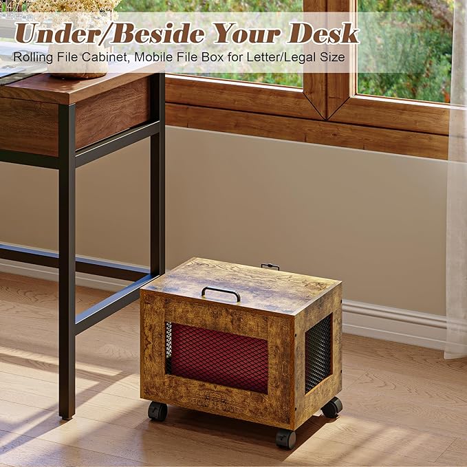 Sbanmao Small File Cabinet Cart Under Desk, Rolling Filing Cabinet for Home Office, Hanging File Organizer Box on Wheels, Mob