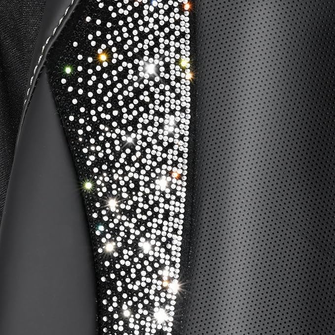 CAR PASS Leather Bling Diamond Car Seat Covers Front & Waterproof Rhinestone Car Floor Mats 4pcs & Sparkly Steering Wheel Cov