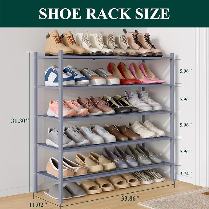 Smiry Long Bamboo Shoe Rack 5-Tier, Stackable Wooden Shoe Organizer for Entryway & Closet, Free Standing Wood Shoe Storage Sh