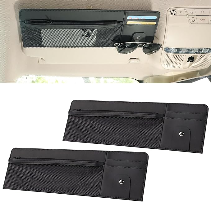 2 Packs Car Sun Visor Organizer with Pocket, Slim Leather Sun Visor Storage Pouch with Zipper, Mesh Pocket, Card Sleeves, Visor Sunglasses Holder for Cars, SUVs, Trucks, Sedan Universal Fit (Black)