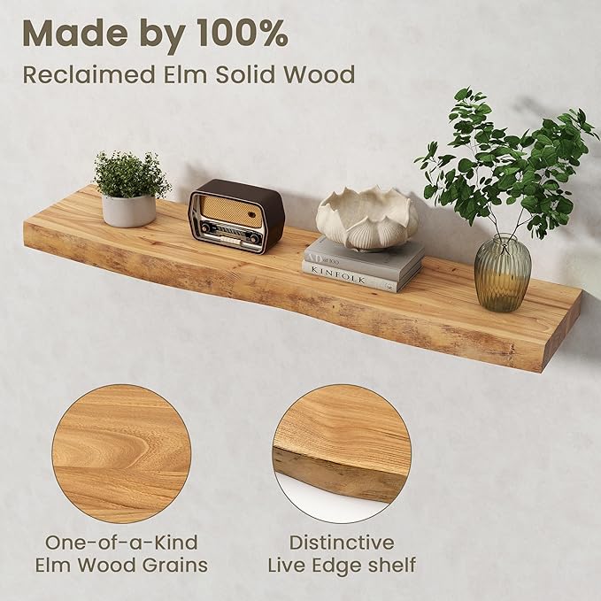 Fun Memories Floating Shelves for Wall Decor Set of 1-40 Inch Solid Elm Wood Live Edge - Rustic Natural Wall Shelves with Inv