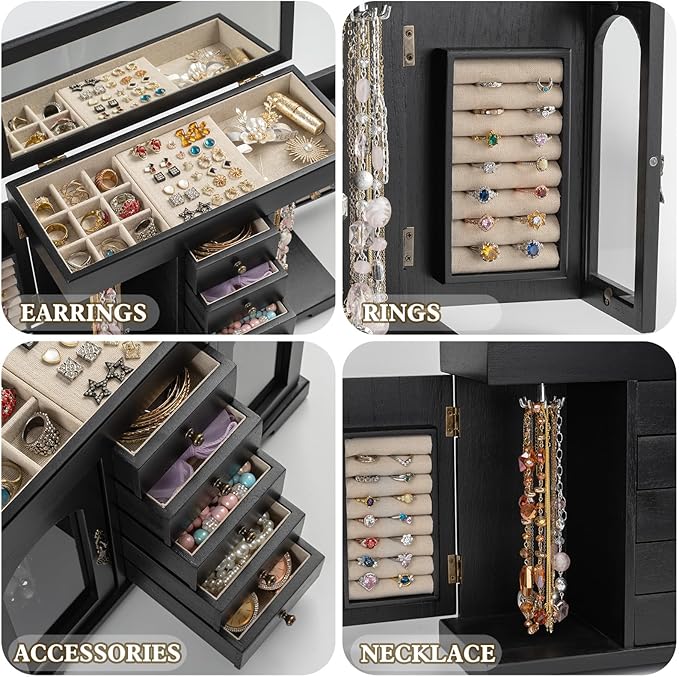 Miratino Jewelry Box for Women Girls, Wooden Jewelry Organizer Box with Mirror, 5 Layer Jewelry Storage Case Display for Neck