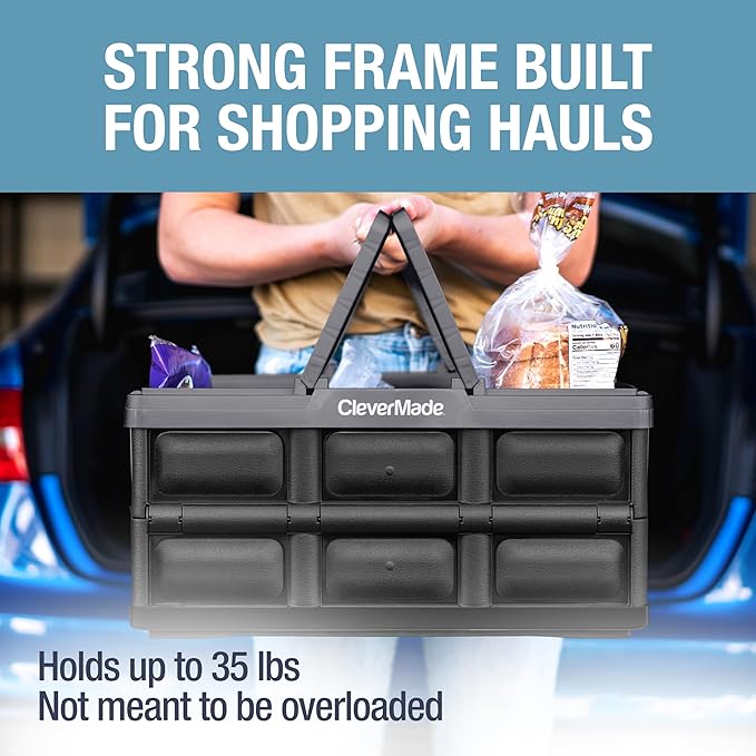 CleverMade Collapsible Shopping Basket 32L, 3 Pack – Folding Grocery Basket with Handles, Stackable Reusable Storage Crate wi