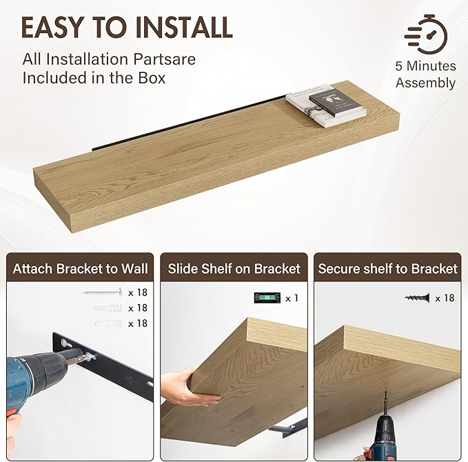 48 Inch Floating Shelves, 12" Deep Floating Shelf Wall Mounted, 48" Wall Shelves, Rustic Deep Bookshelf, Extra Deeper & Thick