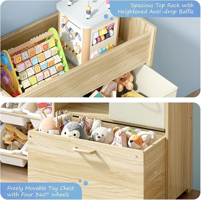 EXPERLAM Toy Storage Organizer for Kids, 9-Bin Toy Organizer with 2-Drawers, Movable Toy Chest and Top Rack, Multifunctional 