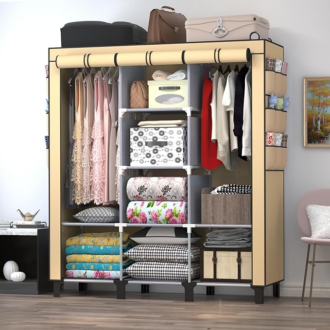 Portable Wardrobe with 10 Storage Racks and 2 Hanging Poles 6 Side Pockets Fleece Cover, Size 130 x 45 x 172 cm, Bedroom Clos