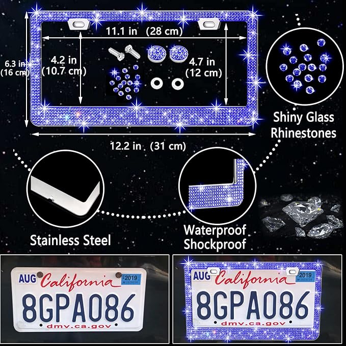 NBTEPEM 27 PCs Blue Bling Car Accessories Set for Women, Steering Wheel Covers Universal Fit 15 Inch, Bling License Plate Frame, Bling Phone Holder, Bling Car Coasters (Blue Diamond)