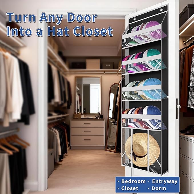 KYEVIS Over The Door Hat Organizer for Baseball Caps - Holds up 60 Hat Rack with Extra Large Row for Cowboy, Hat Storage for 