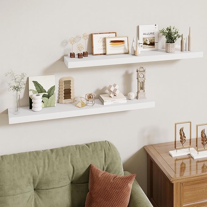 40 Inch Floating Shelves | 6.5 Inch Deep White Floating Shelves Set of 2 | 40" W x 6.5" D Rustic White Wood Wall Shelves with