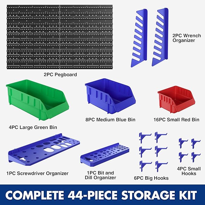 WORKPRO Pegboard Organizer Wall Mounted, 44PC Tool Storage Rack with Bins and Hooks, Peg Board Wall Organizer for Garage Orga