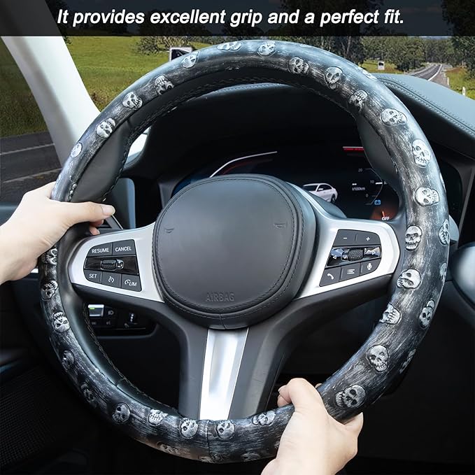Embossed Skull Steering Wheel Cover, Skull Car Accessory, Microfiber Leather with Anti-Slip Lining, Fits 14.5"-15" Steering Wheels