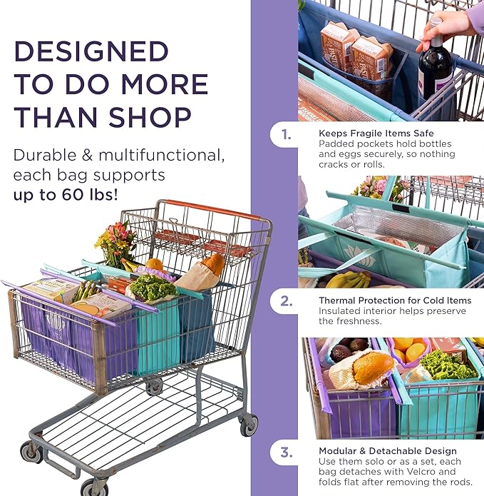 Lotus Club Cart Trolley Reusable Shopping Bags (3-Pack)– Detachable & Reusable Grocery Bags Foldable w/ Insulated Grocery Bag & Egg/Wine Holder– Washable Shopping Totes for Easy Storage & to Save Time