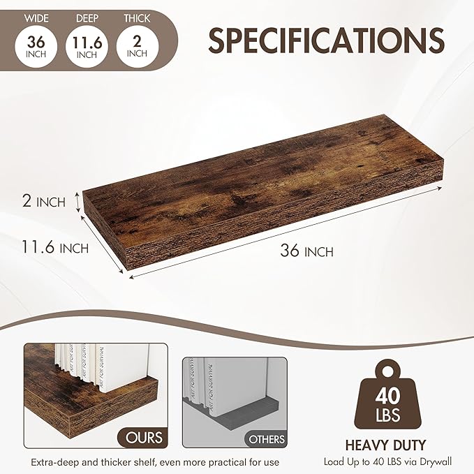 36 Inch Floating Shelves, 12" Deep Floating Shelf Wall Mounted, 36" Wall Shelves, Rustic Deep Bookshelf, Extra Deeper & Thick