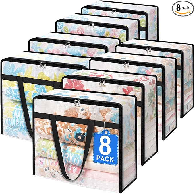 TasticTotes 8 Pack Clear Storage Bags for Comforter, Clothes & Bedding, Plastic Blanket Storage with Zipper and Handle, Movin