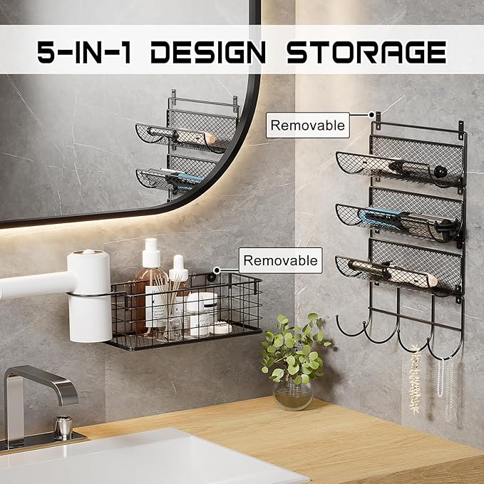 Wall-Mounted Hair Dryer Holder Styling Tool Organizer 4-Shelf Storage Wire Basket with Hook Heat Safe Rack for Hair-Straighte