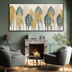 Contemporary Framed Wall Art Green and Gold Wall Decor Leaves Wall Prints Line Wall Posters 29"x58" Living Room Decorations K