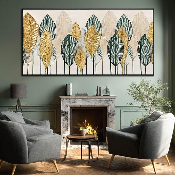 Contemporary Framed Wall Art Green and Gold Wall Decor Leaves Wall Prints Line Wall Posters 29"x58" Living Room Decorations K