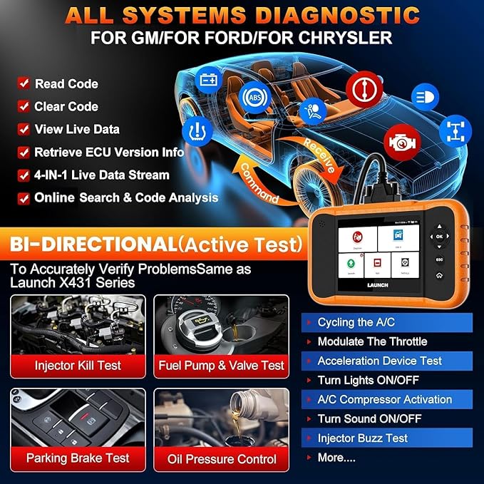 LAUNCH X431 Creader Elite 2.0 FGC OBD2 Scanner,ECU Code, Bi-Directional Scan Tool for Ford, for GM, for Chrysler,100+ Reset,