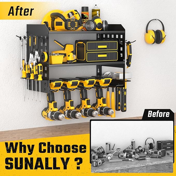 SUNALLY Power Tool Organizer, Heavy Duty Wall Mount Tool Organizer 3 Layers with 4 Drill Holders, Garage Tools Storage Rack w