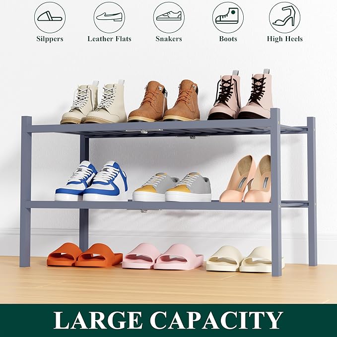 Smiry Shoe Rack, 2 Tier Thick Bamboo Shoe Organizer, Stackable Free Standing Wooden Shoe Storage Shelf for Closet, Entryway, 