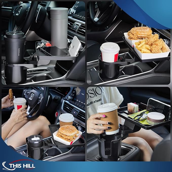 This Hill Cup Holder Tray for Car, 2 in 1 Detachable Car Food Table Tray with Solid Base & Phone Slot,Car Cup Holder Expander