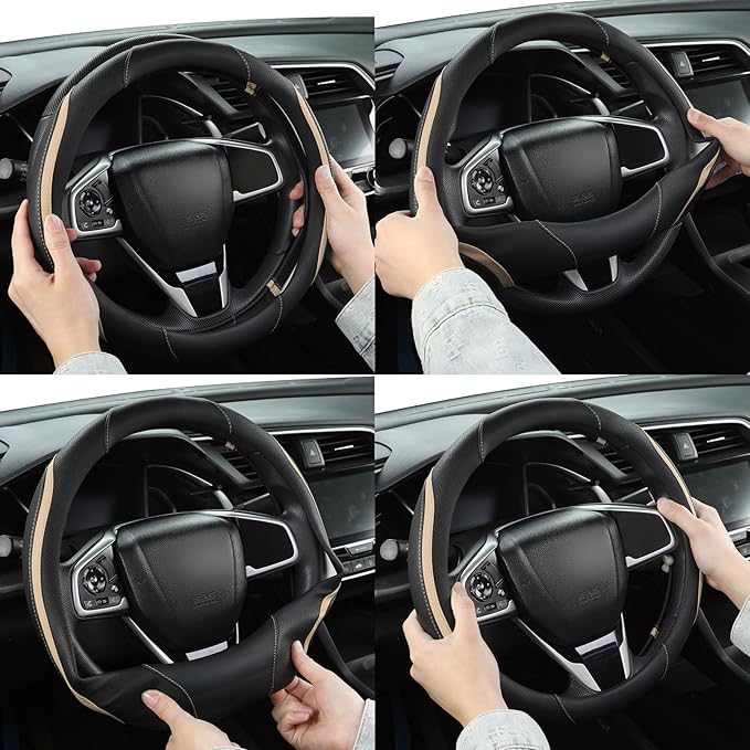 Car Steering Wheel Cover, Leather Steering Wheel Cover Beige Universal 14.5-15 Inch Microfiber Leather Anti-Slip Breathable A