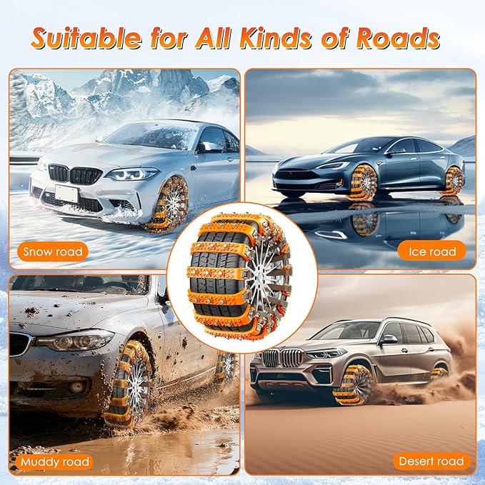 Fohil 8 Pack Snow Chains, Adjustable Portable Tire Chains for Car Truck SUV, Universal Thickened Emergency Snow Tyre Chains (