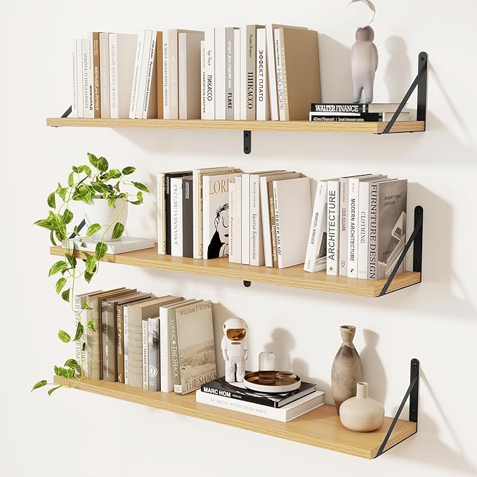 Book Shelf for Wall, Oak Shelf, Floating Shelves with Brackets, 36 inch Wall Shelves Set of 3, Particle Board Shelving for Ki