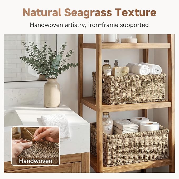 StorageWorks Wicker Storage Baskets, Handwoven Seagrass Basket for Organizing, Decorative Organizers with Built-in Handles, S