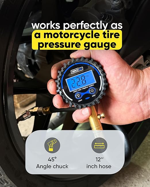 Digital Tire Pressure Gauge 200 PSI - Accurate Air Pressure Gauge for Tires with Easy-to-Read Numbers & 45° Angle Chuck