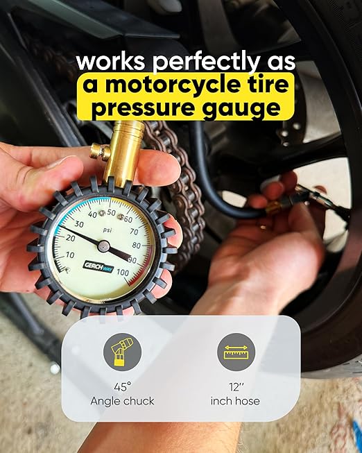 Tire Pressure Gauge 100 PSI - Large Dial Numbers & 45° Angle Chuck, Accurate Air Pressure Gauge for Tires