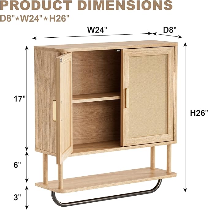 INNOD Rattan Bathroom Wall Cabinet with Towel Bar, Wall-Mounted Medicine Cabinet with Adjustable Wood Shelf & Doors, Over The