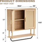INNOD Rattan Bathroom Wall Cabinet with Towel Bar, Wall-Mounted Medicine Cabinet with Adjustable Wood Shelf & Doors, Over The