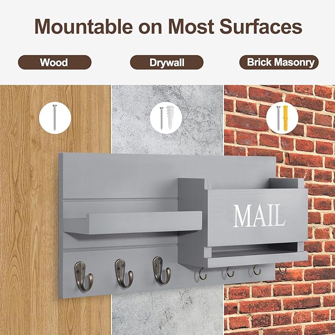 Lwenki Mail Organizer for Wall Mount – Key Holder with Shelf Includes Letter Holder and Hooks for Hallway Farmhouse Decor – R