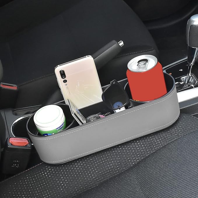iokone Coin Side Pocket Console Side Pocket Leather Cover Car Cup Holder Auto Front Seat Organizer Cell Mobile Phone Holder (Slim-Gray)