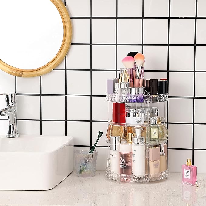 Cq acrylic Rotating Makeup Organizer,Adjustable Spinning Skincare Organizer for Vanity,Countertop,Clear Rotating Perfume Orga