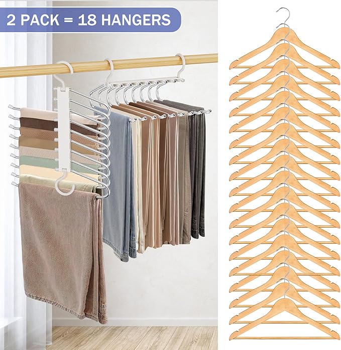 Upgrade 9 Layers Pants Hangers Space Saving, 2 Pack Pant Hangers Organizer Multifunctional Pants Rack Space Saver Closet Orga